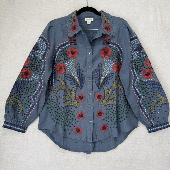 Sundance Shirt Womens Medium Blue Embroidered Linen Floral Long Sleeve Boho - Picture 1 of 8
